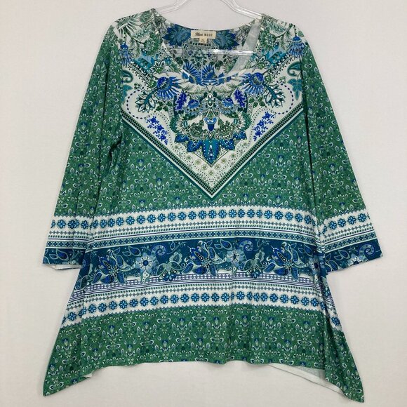 Blue Mood size XL Blue Green Boho Stretch 3/4 Sleeve Sharkbite Hem Artsy Top - Picture 1 of 9